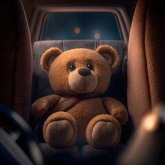 stock image of a teddy bear in the back seat of a car realistic hd raytracing Arri Alexa Mini camera with Zeiss Master Prime Lenses stock image safety poster 