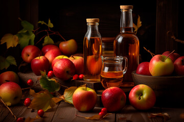 Bottles of homemade sweet cider and apples on wooden table. Generative AI