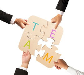 Businessmen working together to build a colored puzzle. Concept of team that works together