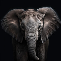 Fototapeta na wymiar Close-up portrait of an elephant on a black background. Illustration of a wild animal for printing on T-shirts, postcards. Generative AI.