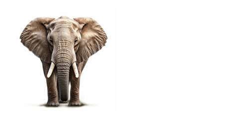 African savannah elephant on a white background with place for text. Front view. Design for banners, posters. 