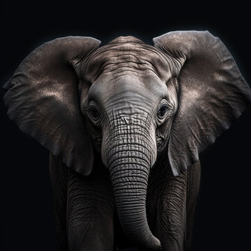Close-up portrait of an elephant on a black background. Illustration of a wild animal for printing on T-shirts, postcards. Generative AI.