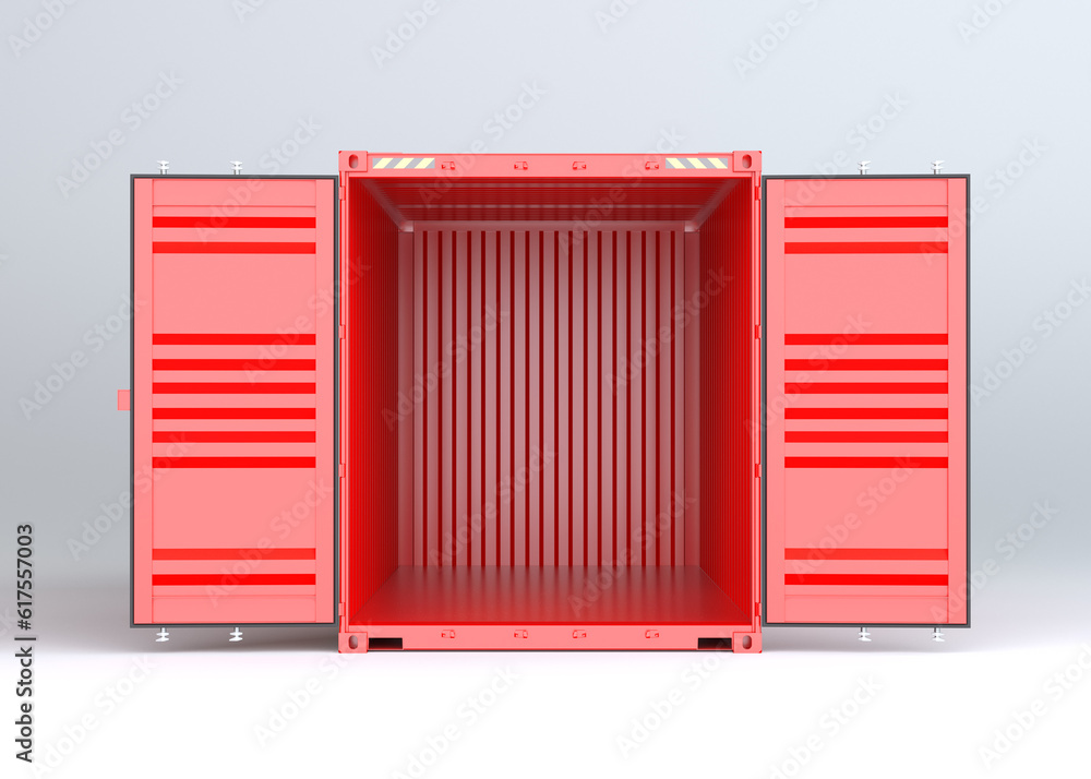 Poster open red cargo container on gray background. 3d rendering