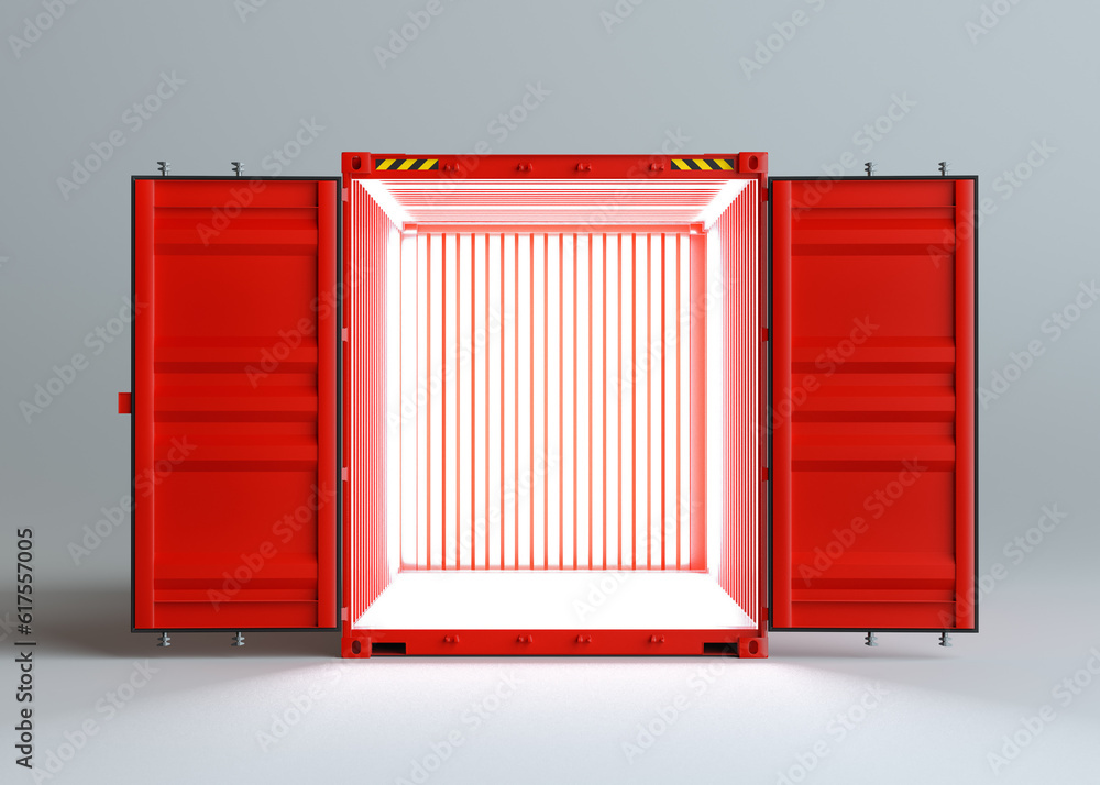 Poster open red cargo container with light inside. gray background. 3d rendering