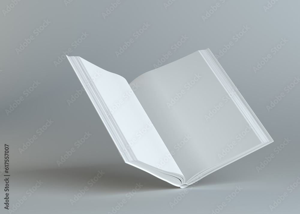 Poster white empty open book on gray background. template for your content. 3d illustration