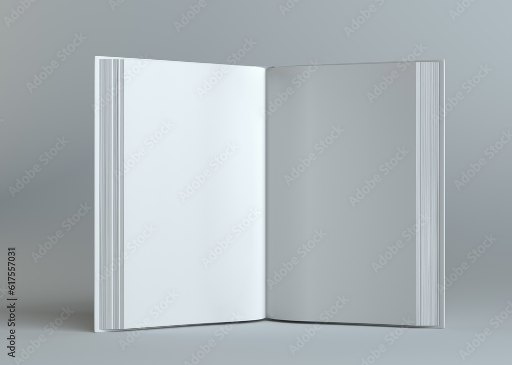 Poster white empty open book on gray background. template for your content. 3d illustration