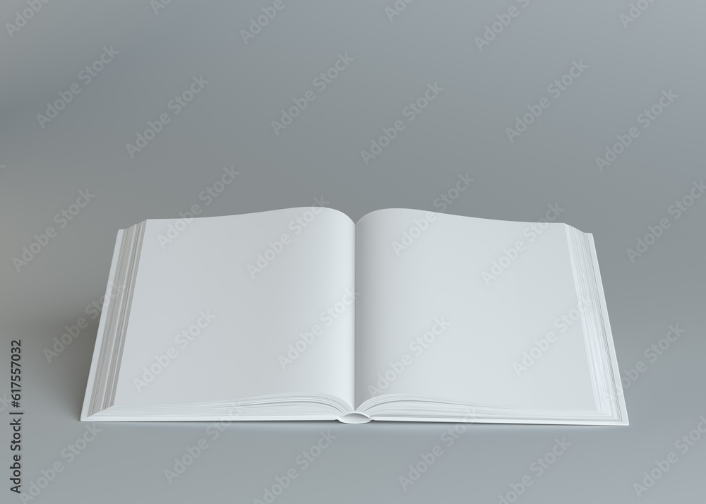 Poster white empty open book on gray background. template for your content. 3d illustration