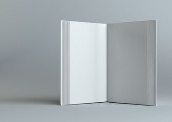 White empty open book on gray background. Template for your content. 3d illustration