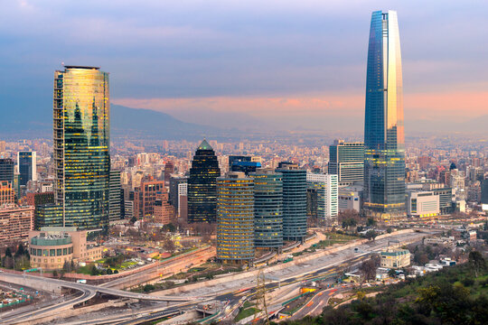 Skyline of Santiago de Chile with modern office buildings at financial district in Las Condes.