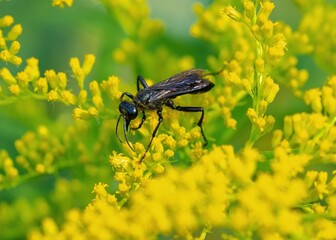 A Great Black Wasp viewed from above, pollinating atop a Goldenrod shrub.