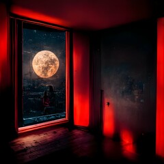 environment dark room with red light and cute girl developing film full moon in window photorealistic 8k hdr 32 