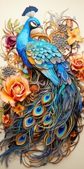 Peacock with feathers, beautiful painting in baroque style