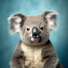 Naklejka premium Koala on a blue background close-up studio portrait. Australian marsupial bear, gourmet eucalyptus. Generative AI.