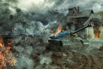 The battle of tanks at an abandoned production building. Military 3D illustration