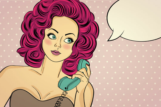Sexy pop art woman in party dress talking on a retro phone and smile. Pin up girl. Vector illustration