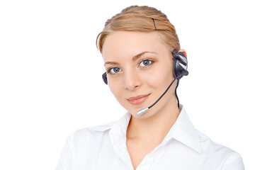 Support phone operator in headset, blonde girl isolated