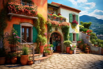 Fototapeta na wymiar Italian house front with colorful potted flowers. Generative AI
