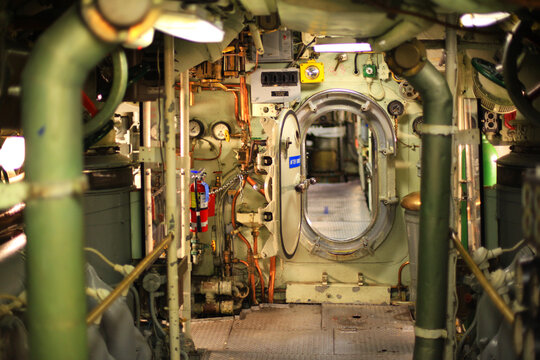 Vintage World War II submarine control room