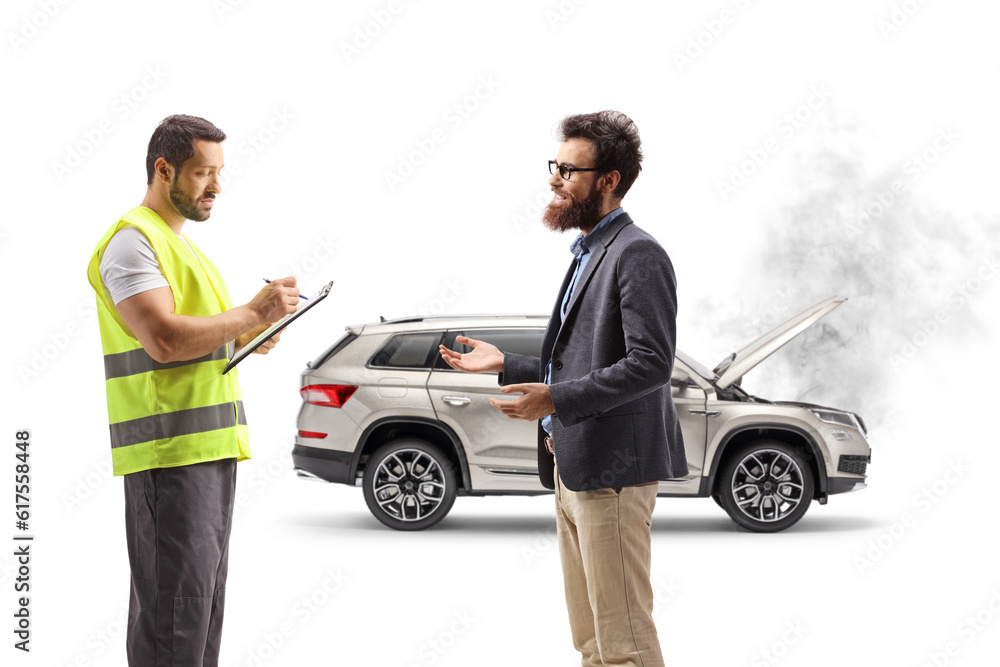 Poster Roadside assistance worker and a man with a broken car