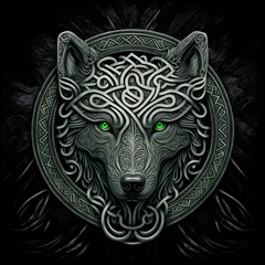 head of a wolf in front of a celtic mandala celtic knots logo 