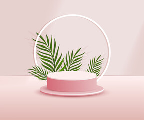 3d product podium and pedestal in red color with palm leaves. 3d rendering vector background view with podium. To display 3d cosmetic products.
