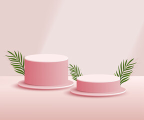 3d product podium and pedestal in red color with palm leaves. 3d rendering vector background view with podium. To display 3d cosmetic products.