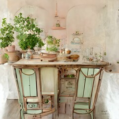kitchen design chair and table cabinet wood high detail french shabby chic interior design provence ivy interior table kitchen soft design pastel colors english windows perspective view honeycore 