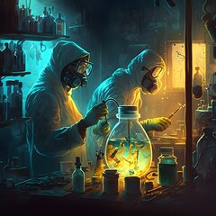 adults in lab coats working in a biohazard lab realistic 
