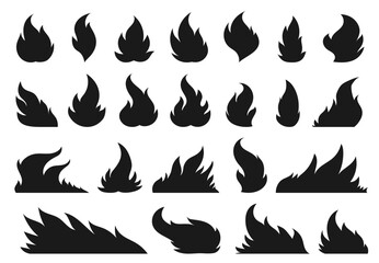 Fireball flame, hot fire black silhouette signs. Campfire fiery icon set. Furious flammable combustion flat clipart. Dangerous natural gas blazing. Burning wildfire effect, bonfires isolated on white