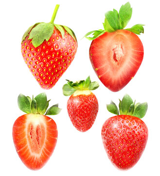Photo collection of colorful tasty strawberries on white background