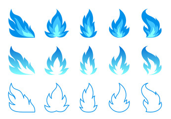 Natural gas fire flat line icon set. Blaze danger warning symbol. Different shapes of abstract blue campfire fiery flame isolated on white background. Hot bonfire flaming fuel power energy clipart