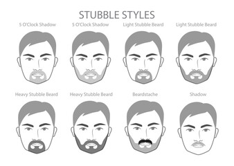 Set of Stubble Beard and mustache with name text style men face illustration Facial hair. Vector black grey portrait male Fashion template flat barber. Stylish hairstyle isolated outline on white. - obrazy, fototapety, plakaty