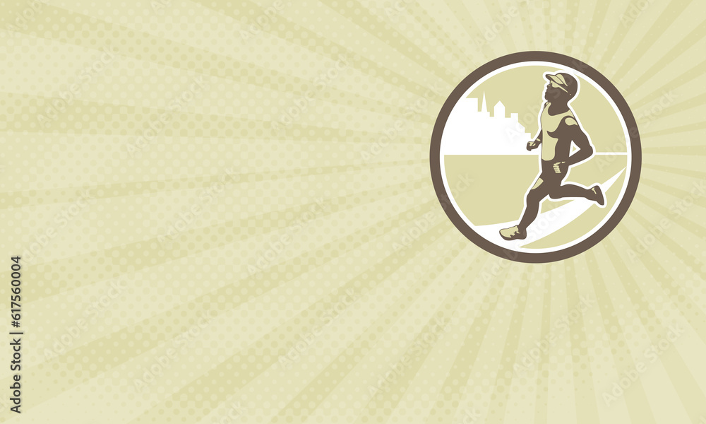 Poster business card showing illustration of triathlete marathon runner running facing side view with build