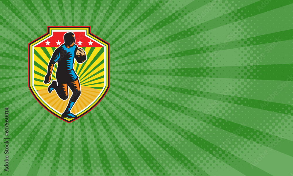 Poster business card showing illustration of a rugby player running with the ball facing front set inside s