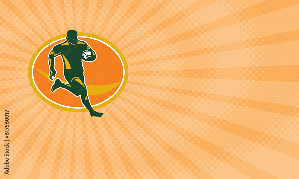 Poster business card showing illustration of a rugby player running with the ball in silhouette viewed from