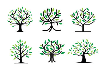 Collection tree logo design template. Garden plant natural line symbol. Black branch with leaves business sign. Vector illustration.
