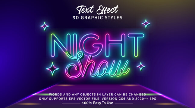 Night Show Realistic Neon Glow Letters Editable Text Effect