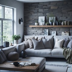 A cozy living room with a light grey sofa, adorned with decorative pillows, and a rustic stone wall.