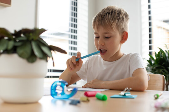 Cute boy doing school assignments at home. The concept of home education. Elementary school.