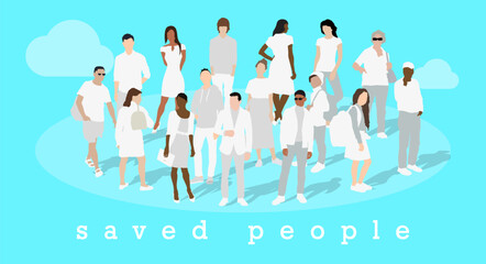Saved people society concept. Saved in heaven. All people are in white. Angels. Isolated flat vector illustration