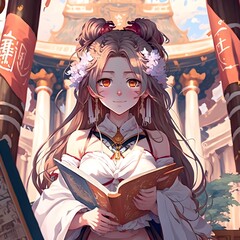 anime goddes of wisdom beauty smile library temple 