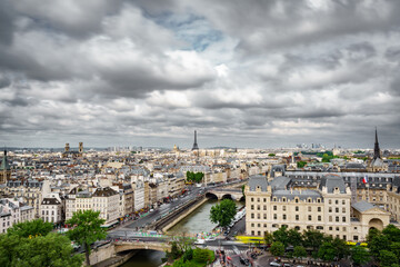 Wide angle view of Paris cityscape and eiffel tower from Notre Dame Cathedral church, France
