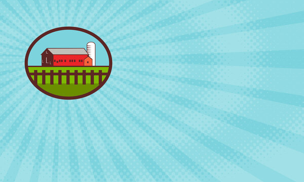 Business card showing Illustration of a farm house barn and silo with fence set inside oval shape done in retro style.