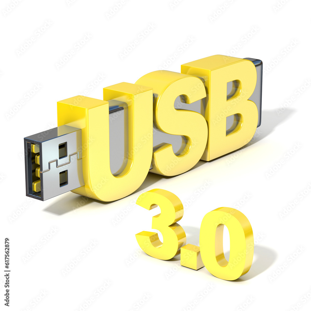 Poster usb flash memory 3.0, made with the word usb. 3d render illustration isolated on white background