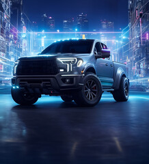 Futuristic pickup truck in a city street at night. Powerful pickup with city lights in the background - obrazy, fototapety, plakaty