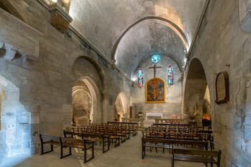 Interior view of the Paroisse Catholique des Baux Eglise Saint Vincent, or the Saint Vincent Church in the medieval hill town of Les Baux-de-Provence, France.