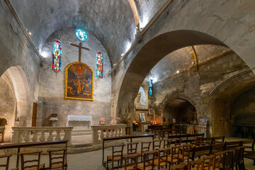 Interior view of the Paroisse Catholique des Baux Eglise Saint Vincent, or the Saint Vincent Church...