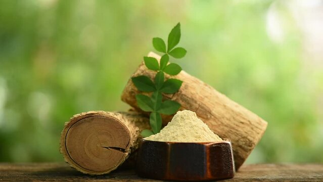Thanaka or naringi crenulata woods ,powder and green leaves on nature background.