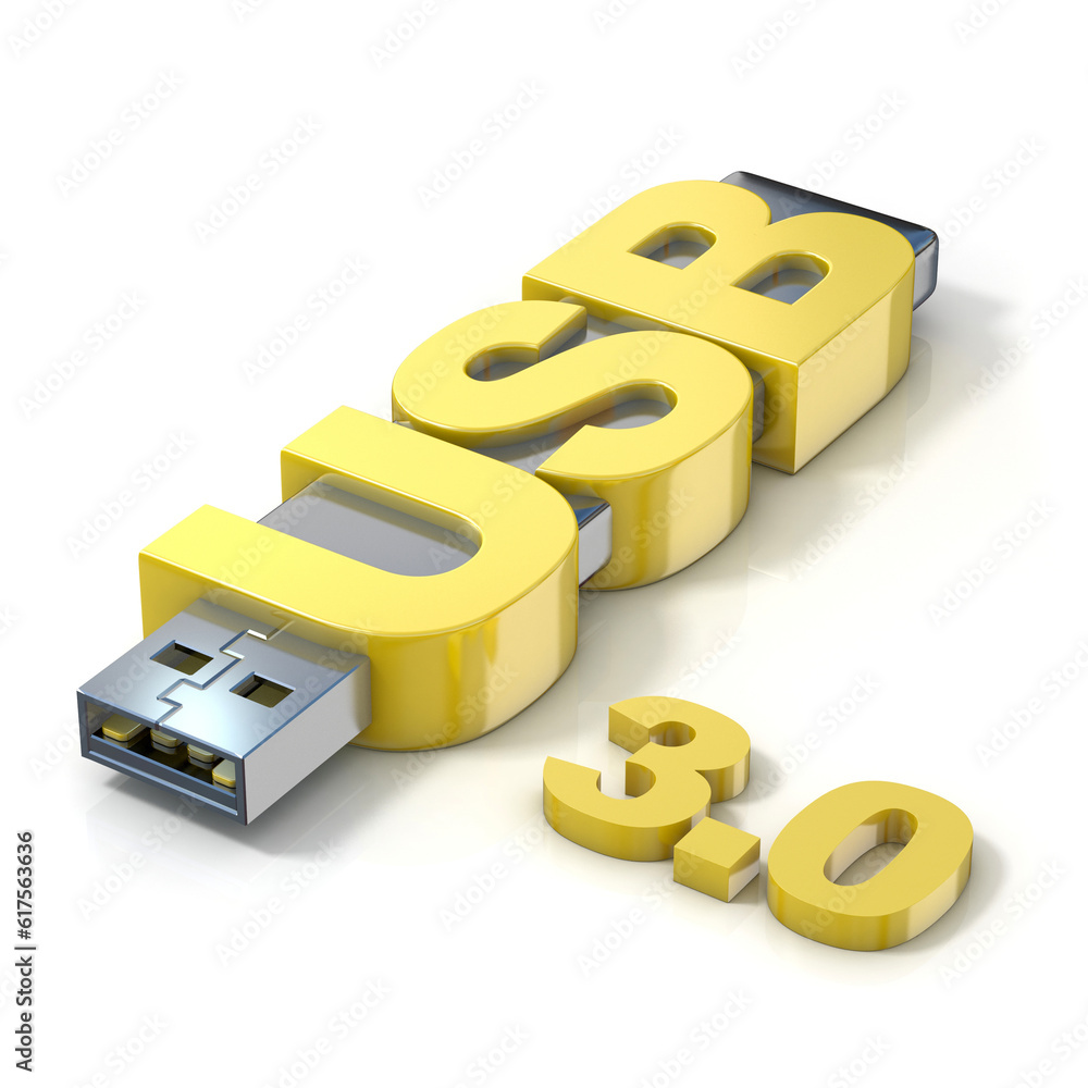 Poster usb flash memory 3.0, made with the word usb. 3d render illustration isolated on white background