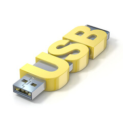 USB flash memory, made with the word USB. 3D render illustration isolated on white background